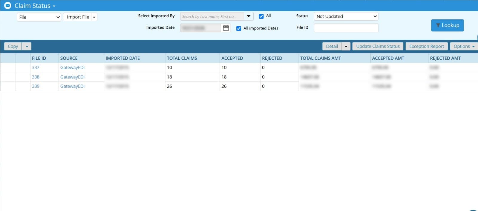 eClinicalWorks Claim Status: GatewayEDI files 337, 338 and 339 with 10, 18 and 26 claims, all accepted and none rejected; dates and amounts hidden.