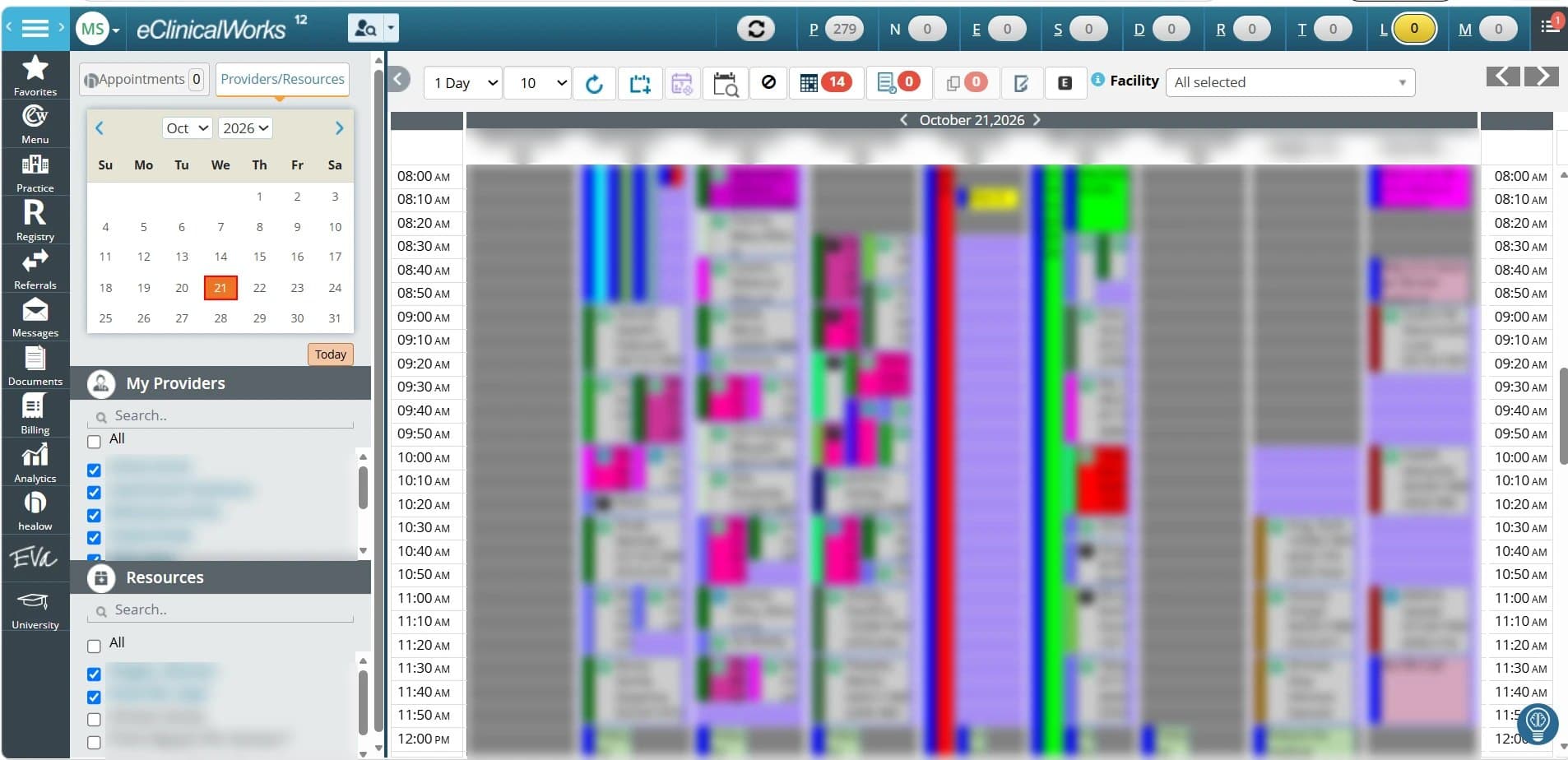 eClinicalWorks resource scheduler for one day across several providers, with lab and prescription queues in the top bar; names and appointment details blurred.